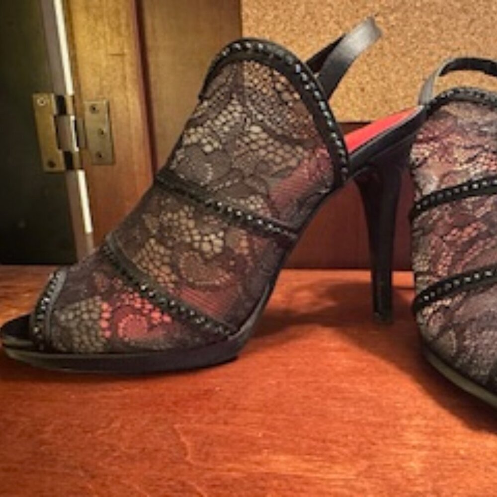 Black Mules with Lace and Black Rhinestone Detailing - 4 Inch Heel